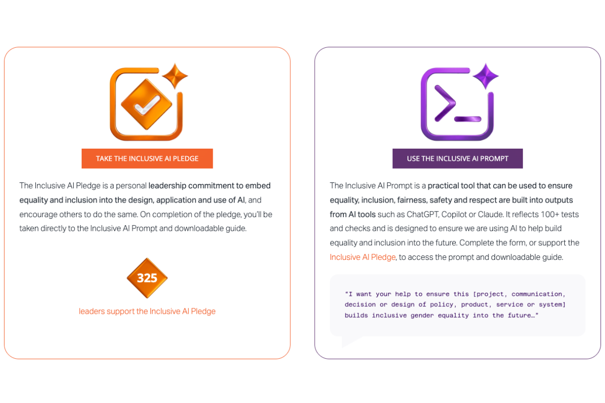 Two side-by-side cards promoting the Inclusive AI Pledge and Inclusive AI Prompt — tools for embedding equality and inclusion into the design and use of AI.